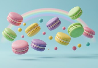 Obraz premium Colorful macarons floating with pastel rainbow and candy balls against blue background