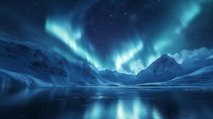 Fototapeta premium Northern Lights over lake. Aurora borealis with starry in the night sky. Fantastic Winter Epic Magical Landscape of snowy Mountains.