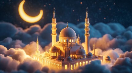 Illuminated Mosque among Clouds at Night with Crescent Moon