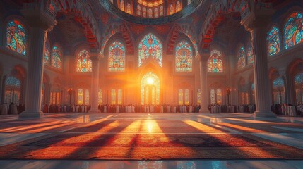 Obraz premium Sunlight illuminating grand mosque interior with colorful stained windows and ornate architecture