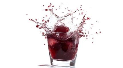 Juicy Red Liquid Splashing in Glass with Ice Cubes