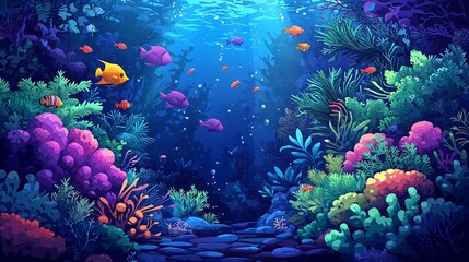 Fototapeta premium Vibrant underwater scene with colorful coral reef, fish, and plants.