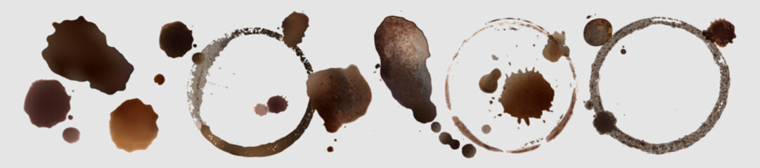 Coffee stain circle marks set of brown rings with splashes and blotches. Textured round borders from beverage drops and spots. Natural dried liquid traces. Hot drink cup dirty stamp and splatters.