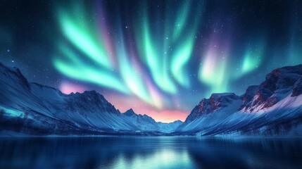 Naklejka premium Northern Lights over lake. Aurora borealis with starry in the night sky. Fantastic Winter Epic Magical Landscape of snowy Mountains.