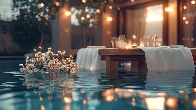A luxurious poolside dinner with a floating floral arrangement in the water