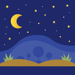 Moon and stars over rolling hills and trees, A tranquil night scene with a crescent moon, stars, and stylized trees set against rolling hills, perfect for peaceful designs.
