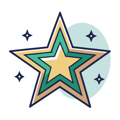 Layered star design with green and gold accents, A bold and vibrant star with layered colors, featuring shades of green, gold, and small sparkling accents, perfect for modern graphics.
