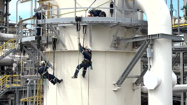 Aerial high angle shot of technicians repairing a plant in an oil or chemical refinery. Industrial rope access workers descending to grind and repair a turbine. Working at height. Rappelling, Abseilin