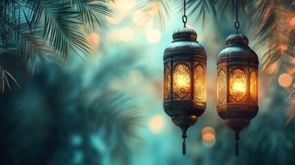 Glowing Metal Lanterns Hanging Among Palm Trees at Night
