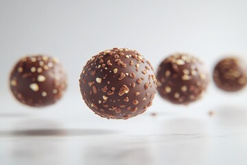 Delicious chocolate truffles, coated in crunchy crumbs, levitate against a clean white background.  Perfect for confectionery advertising.