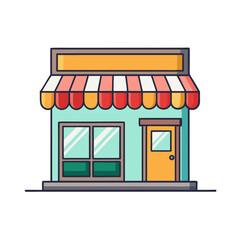 Illustration of a Colorful Retail Shop Front, A vibrant illustration of a small retail shop with a colorful striped awning and a yellow door.

