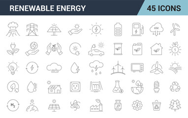 Renewable Energy line editable Icons set. include, Sunlight, Gas , Wind, Water, Biofuel, Biogas, Biodiesel and Solar Panel, vector illustration.