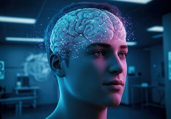 Obraz premium Futuristic human brain interface with glowing neural connections