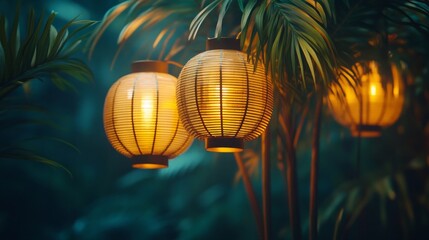 Illuminated Lanterns in Lush Tropical Garden at Night