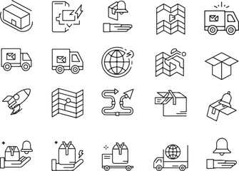 Fototapeta premium Set of Delivery, Logistics, and Shipment Icons Vector Graphics for Transportation and Shipping