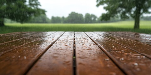 Obraz premium A wooden table with raindrops on it, overlooking green fields and trees in the background. The focus 