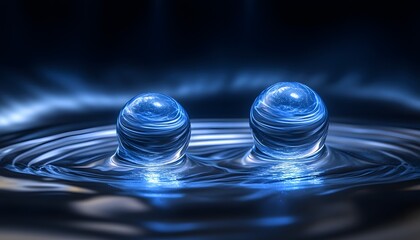 Two crystalline orbs rest atop a reflective liquid surface