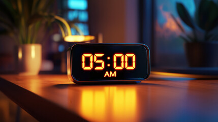 Early Morning Digital Alarm Clock Displaying 05:00 am. Modern Digital Alarm Clock On Bedside Table