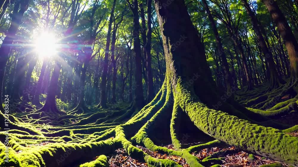 Poster moss-covered forest with sunlight filtering through dense canopy, highlighting ancient tree roots. n