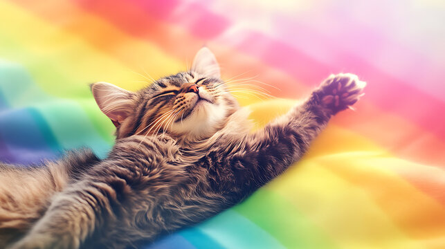 Celebrating st. Paddy's day with a playful cat on a colorful rainbow blanket indoor cozy whimsical vibe - Powered by Adobe