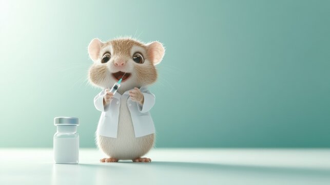 A cute hamster dressed as a doctor, holding a syringe next to a vial, symbolizing veterinary care and health.