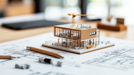 A detailed architectural model sits atop blueprints, showcasing modern design and construction elements.