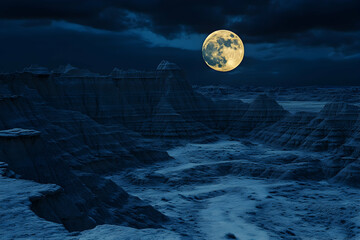 A full moon rising over the Badlands National Park, captured in ultra-realistic photography. The natural landscape and moonlight create a dramatic, awe-inspiring scene.