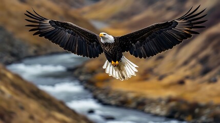 Obraz premium Bald Eagle in Flight Over River Valley with Wings Spread Wide