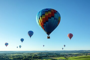 Obraz premium A summer hot air balloon festival with colorful balloons floating in a clear blue sky over a green landscape.