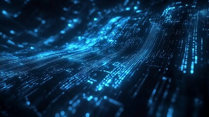 Blue digital data stream flowing, dark background, tech backdrop