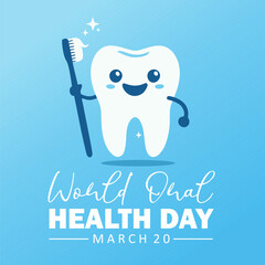 Happy tooth with toothbrush on colored background. World Oral Health Day celebration. Flat vector illustration.