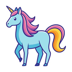 Cartoon Unicorn with Rainbow Mane and Tail, A vector illustration of a cute cartoon unicorn with a rainbow-colored mane and tail, perfect for children's art and fantasy themes.
