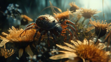 Dark beetle among autumn flowers.