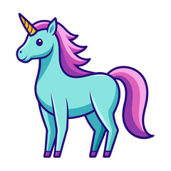 Cartoon Unicorn with Pink and Blue Mane and Tail, A vector illustration of a cute cartoon unicorn with a pink and blue mane, tail, and horn, perfect for children's art and fantasy designs.
