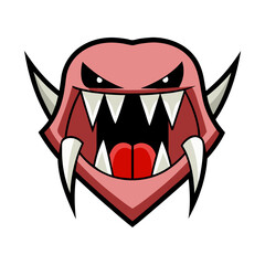 Cartoon Vampire Face with Fangs and Horns, A vector illustration of an angry cartoon vampire face with sharp fangs, red interior, and horns, perfect for Halloween or horror designs.
