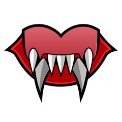 Cartoon Vampire Teeth with Red Lips, A vector illustration of a cartoon vampire mouth with sharp white fangs and bold red lips, perfect for spooky designs.

