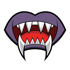 Cartoon Vampire Mouth with Sharp Fangs, A vector illustration of a cartoon vampire mouth with sharp white fangs and a dark purple color, perfect for Halloween or horror themes.

