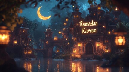 Magical Ramadan Kareem Night Scene with Glowing Lanterns