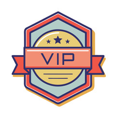 VIP Badge Vector with Stars and Ribbon in Retro Style, A stylish vector illustration of a retro VIP badge featuring stars, a ribbon, and bold typography, symbolizing exclusivity.

