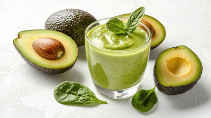 Creamy green smoothie made with avocado and spinach, garnished with mint leaves. Fresh and healthy drink, perfect for nutritious boost