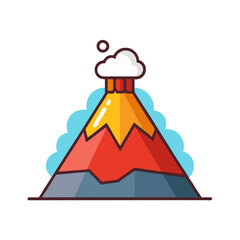 Colorful Cartoon Volcano Vector with Eruption and Clouds, A playful vector illustration of a volcano erupting with red lava, yellow peaks, and white smoke clouds, perfect for educational or disaster t