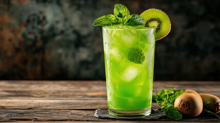 Refreshing green kiwi juice drink in tall glass garnished with mint leaves and slice of kiwi, perfect for summer day