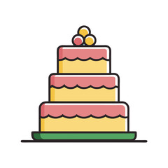 Colorful Wedding Cake Vector with Yellow and Pink Layers, A bright vector illustration of a three-tier wedding cake with yellow, pink, and white layers, perfect for wedding designs.
