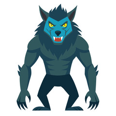 Cartoon Werewolf with Blue Fur and Sharp Teeth Vector, A cartoon vector illustration of a werewolf with blue fur, yellow eyes, sharp teeth, and a muscular build, perfect for Halloween or fantasy desig