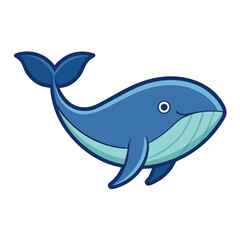 Cartoon Whale with Blue Body Vector Illustration, A cute vector illustration of a cartoon whale with a blue body, smiling face, and flowing tail, perfect for ocean or animal themes.
