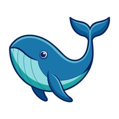 Cartoon Whale with Blue Body Vector Illustration, A cute vector illustration of a cartoon whale with a blue body, smiling face, and flowing tail, perfect for ocean or animal themes.
