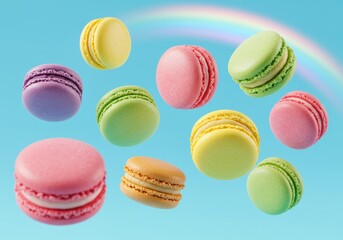 Obraz premium Colorful macarons floating under a vibrant rainbow in blue sky