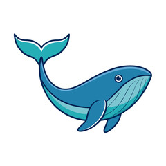 Cartoon Whale with Blue Body Vector Illustration, A cute vector illustration of a cartoon whale with a blue body, smiling face, and flowing tail, perfect for ocean or animal themes.
