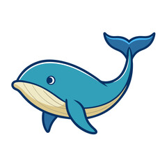 Cartoon Whale with Blue Body Vector Illustration, A cute vector illustration of a cartoon whale with a blue body, smiling face, and flowing tail, perfect for ocean or animal themes.

