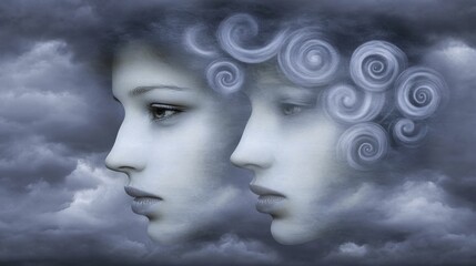 Ethereal Double Exposure of Human Faces Merging with Swirling Clouds in Abstract Dreamlike Composition